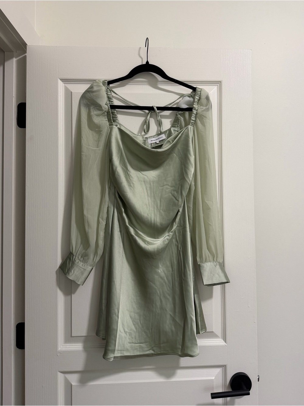 WeWoreWhat Light Sage Satin Cowl Neck Mini Dress